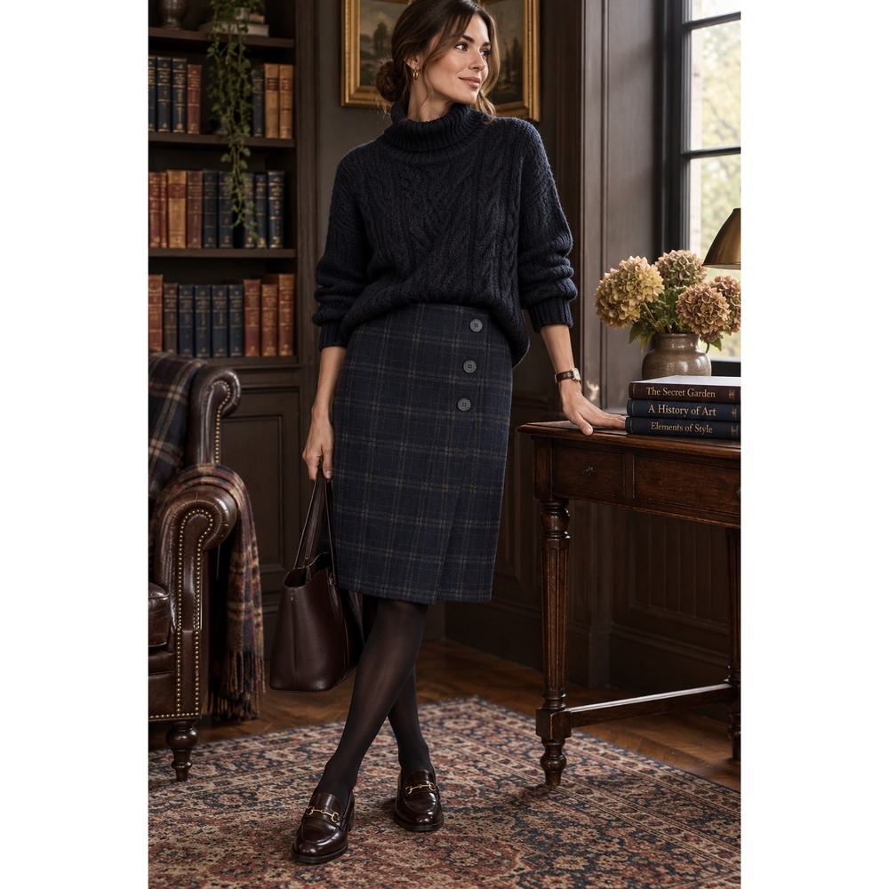 J. Jill Womens Navy Blue Brown Plaid Button Accent Pencil Skirt M Dark Academia